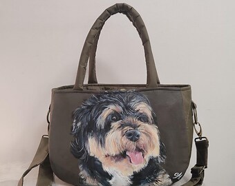 Borsa da donna marrone con manici con ritratto di cane dipinto da un artista da una foto, ritratto di animale domestico personalizzato su borsa da donna, borsa con manico superiore dipinto