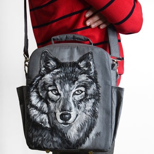 Long distance relationship gift for boyfriend, mens hand painted work bag, shoulder bag for men, laptop bag, father of the bride wolf gift image 9