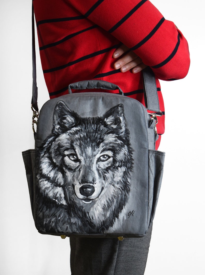 Long distance relationship gift for boyfriend, mens hand painted work bag, shoulder bag for men, laptop bag, father of the bride wolf gift image 9