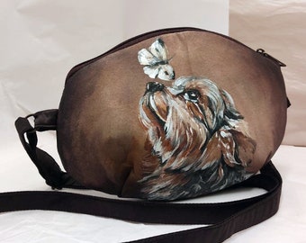 Dog portrait custom painting from photo, personalized yorkshire terrier bag, mini cross body, painted women's shoulder bag, crossbody purse