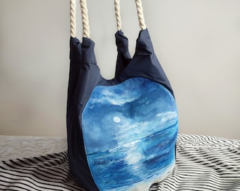 Round bottom bucket bag, custom drawstring bag, hand painted beach bag for women, handbag by the sea, eco friendly bag, blue hobo bag