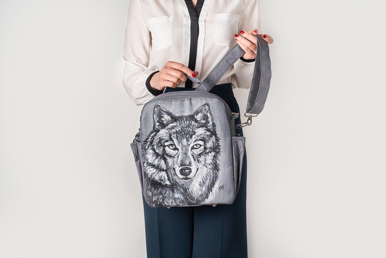 Long distance relationship gift for boyfriend, mens hand painted work bag, shoulder bag for men, laptop bag, father of the bride wolf gift image 6