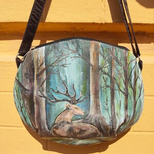 Fairy forest deer hand-painted on a women's shoulder bag, green crossbody purse with custom painted deer in the forest, handmade bags women image 3