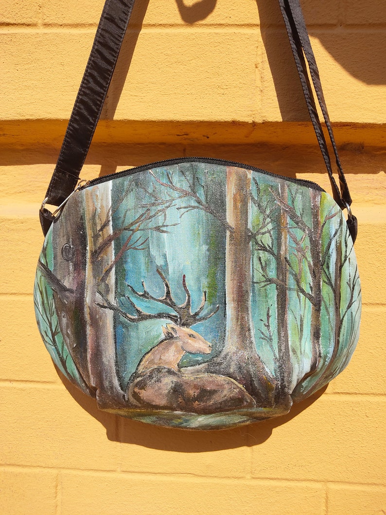 Fairy forest deer hand-painted on a women's shoulder bag, green crossbody purse with custom painted deer in the forest, handmade bags women image 3