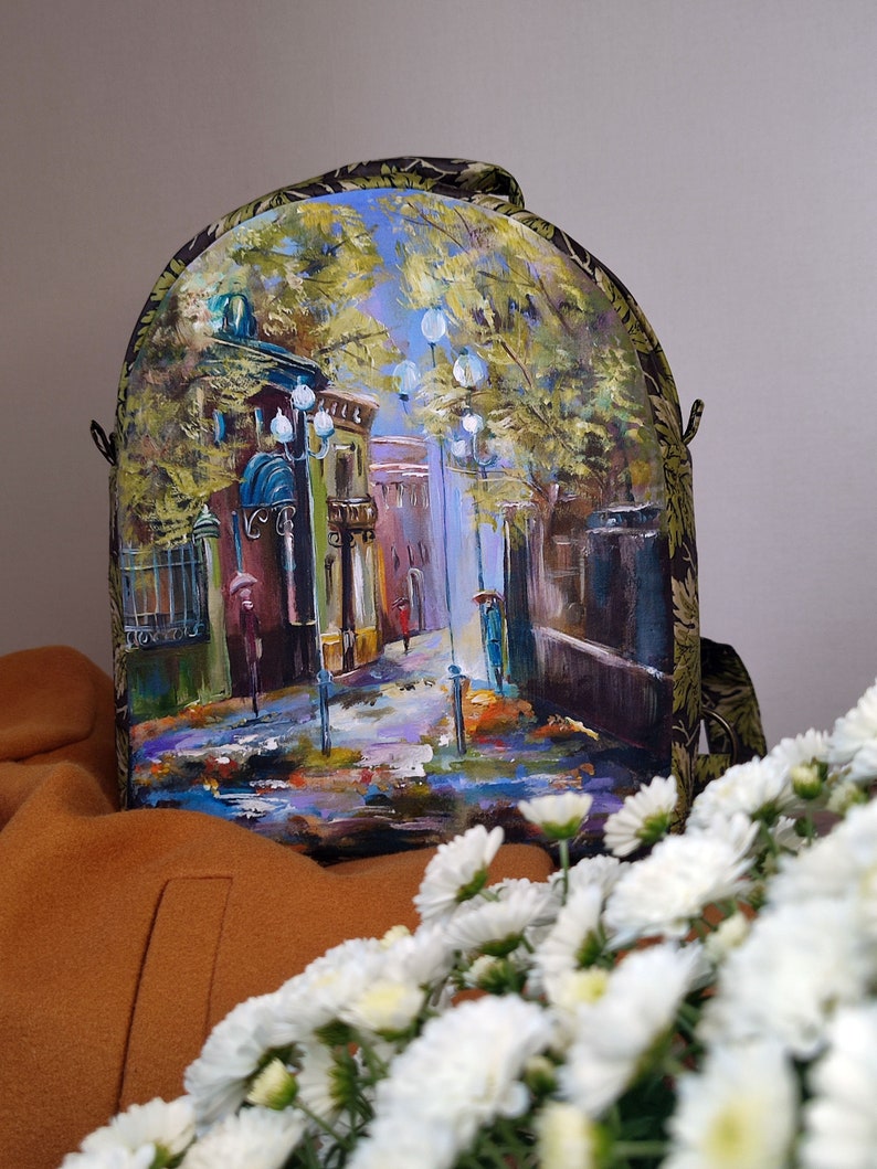 Beautiful hand painted backpack with a poetic autumn landscape, one of a kind custom women's backpack, autumn handmade backpack for women image 10