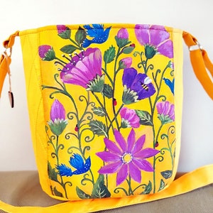 Yellow hand painted women&#39;s bag with flowers, handmade shoulder bag for women, floral tote bag, painted purses and bags, cute yellow tote