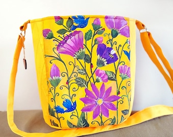 Yellow hand painted women's bag with flowers, handmade shoulder bag for women, floral tote bag, painted purses and bags, cute yellow tote