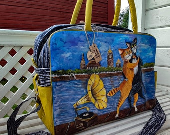 Borsa da viaggio dipinta da designer per donna, borsa tote per viaggi di fine settimana da donna, borsa personalizzata con gatti danzanti, unica nel suo genere, borsa esclusiva per gli amanti dell'arte