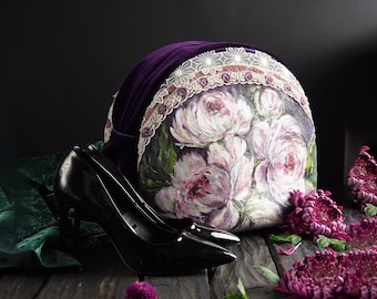 Borsa a tracolla di lusso da donna in velluto fatta a mano, ricamata a mano, dipinta a mano, splendida borsa in velluto viola e pizzo italiano