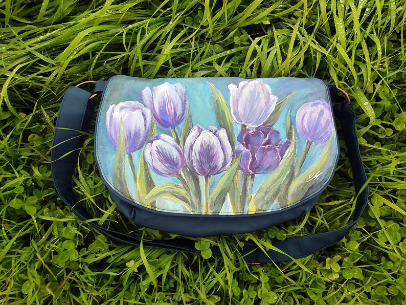 Blue floral crossbody purse for women, women's shoulder flap bag with flowers, hand painted purses and bags, custom flower painting on bags image 1