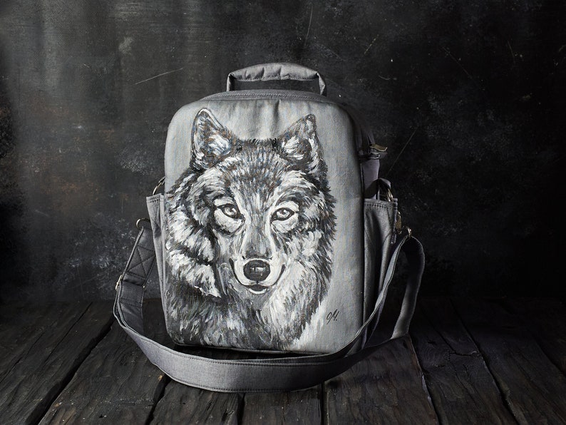 Long distance relationship gift for boyfriend, mens hand painted work bag, shoulder bag for men, laptop bag, father of the bride wolf gift image 1