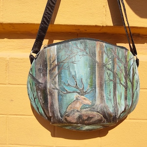 Fairy forest deer hand-painted on a women's shoulder bag, green crossbody purse with custom painted deer in the forest, handmade bags women image 9