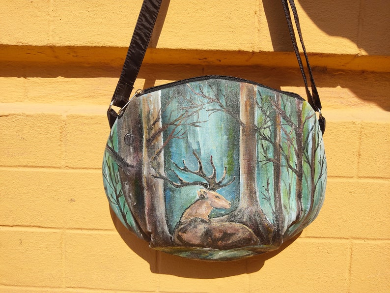 Fairy forest deer hand-painted on a women's shoulder bag, green crossbody purse with custom painted deer in the forest, handmade bags women image 9