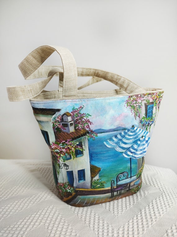 Painted Linen Beach Tote Bag, Custom Linen Basket Purse, Hand 