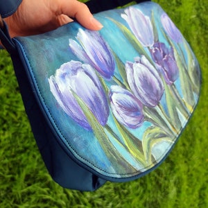 Blue floral crossbody purse for women, women's shoulder flap bag with flowers, hand painted purses and bags, custom flower painting on bags image 7