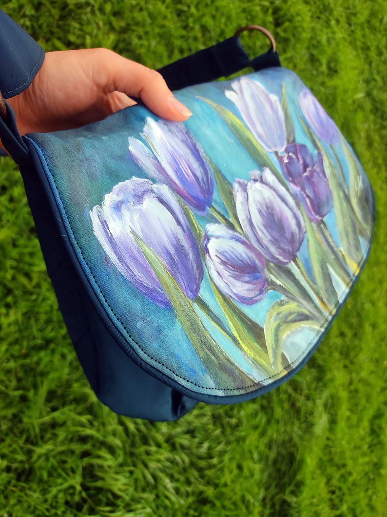 Blue floral crossbody purse for women, women's shoulder flap bag with flowers, hand painted purses and bags, custom flower painting on bags image 7