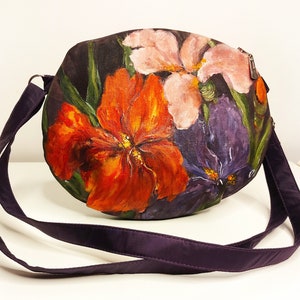 Art work shoulder bag for women with custom floral painting, handmade flower crossbody purse, unique custom painted purse women with flowers
