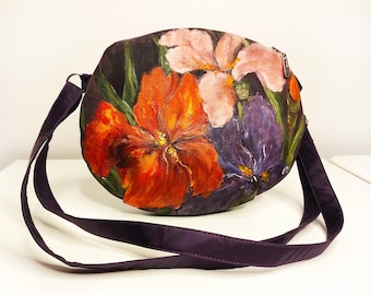 Art work shoulder bag for women with custom floral painting, handmade flower crossbody purse, unique custom painted purse women with flowers
