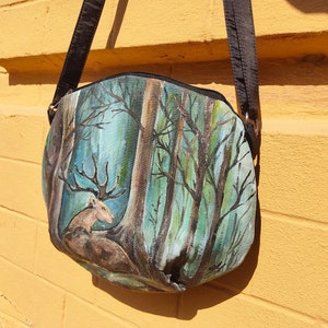 Fairy forest deer hand-painted on a women's shoulder bag, green crossbody purse with custom painted deer in the forest, handmade bags women image 6