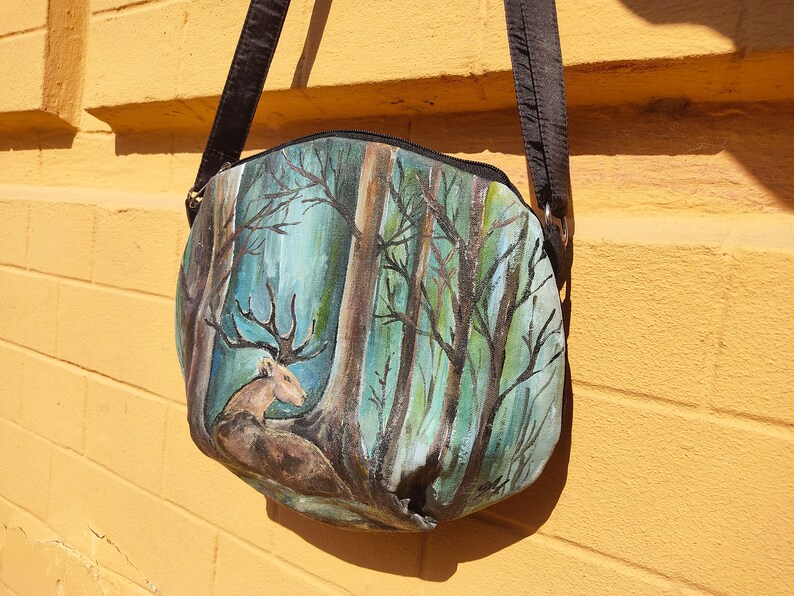 Fairy forest deer hand-painted on a women's shoulder bag, green crossbody purse with custom painted deer in the forest, handmade bags women image 6