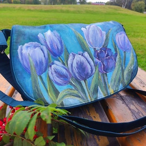 Blue floral crossbody purse for women, women's shoulder flap bag with flowers, hand painted purses and bags, custom flower painting on bags image 10