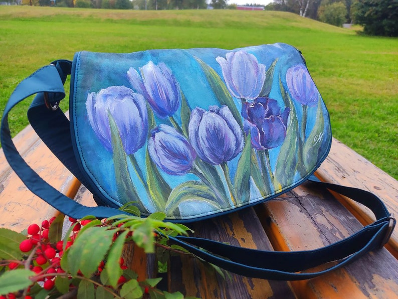 Blue floral crossbody purse for women, women's shoulder flap bag with flowers, hand painted purses and bags, custom flower painting on bags image 10