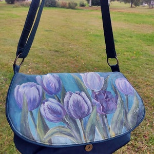 Blue floral crossbody purse for women, women's shoulder flap bag with flowers, hand painted purses and bags, custom flower painting on bags image 5