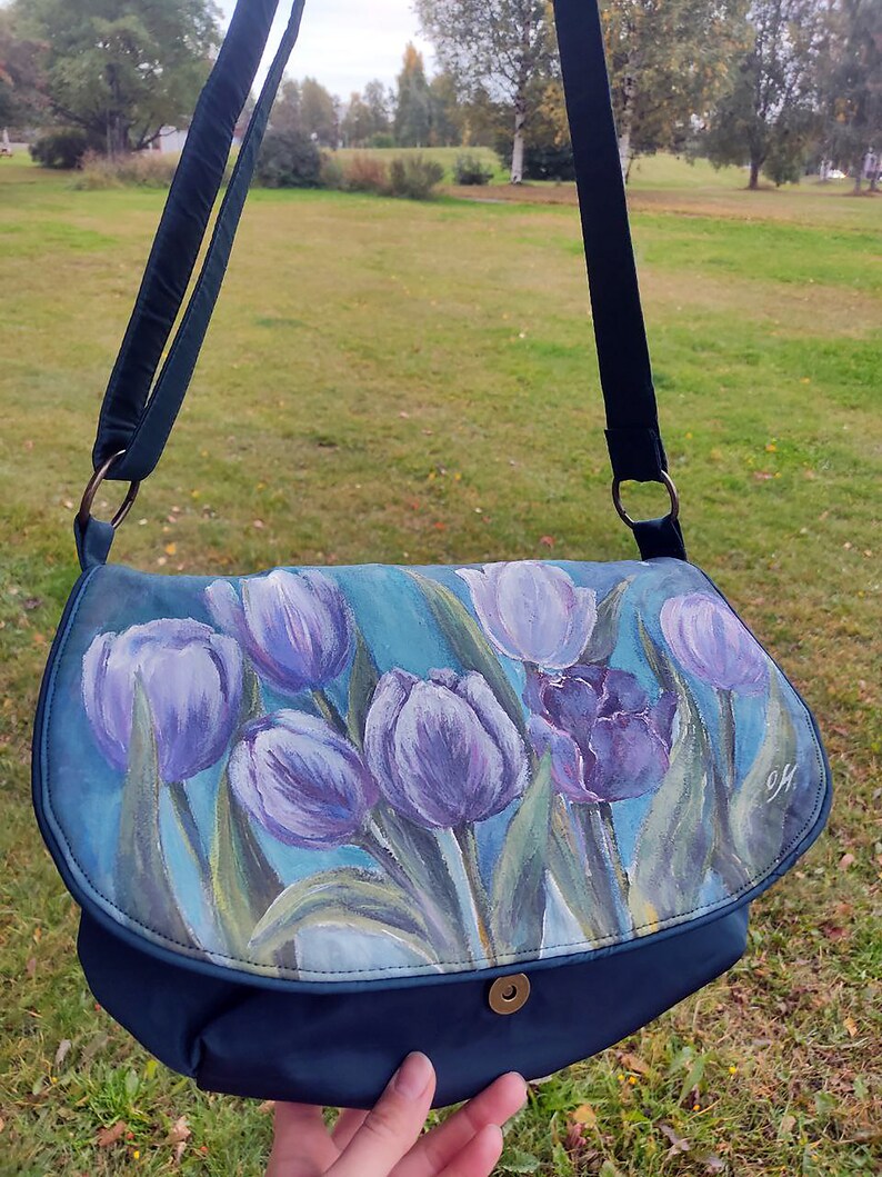 Blue floral crossbody purse for women, women's shoulder flap bag with flowers, hand painted purses and bags, custom flower painting on bags image 5