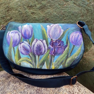 Blue floral crossbody purse for women, women's shoulder flap bag with flowers, hand painted purses and bags, custom flower painting on bags image 3