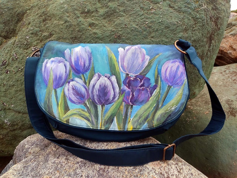 Blue floral crossbody purse for women, women's shoulder flap bag with flowers, hand painted purses and bags, custom flower painting on bags image 3