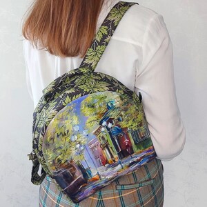 Beautiful hand painted backpack with a poetic autumn landscape, one of a kind custom women's backpack, autumn handmade backpack for women image 8