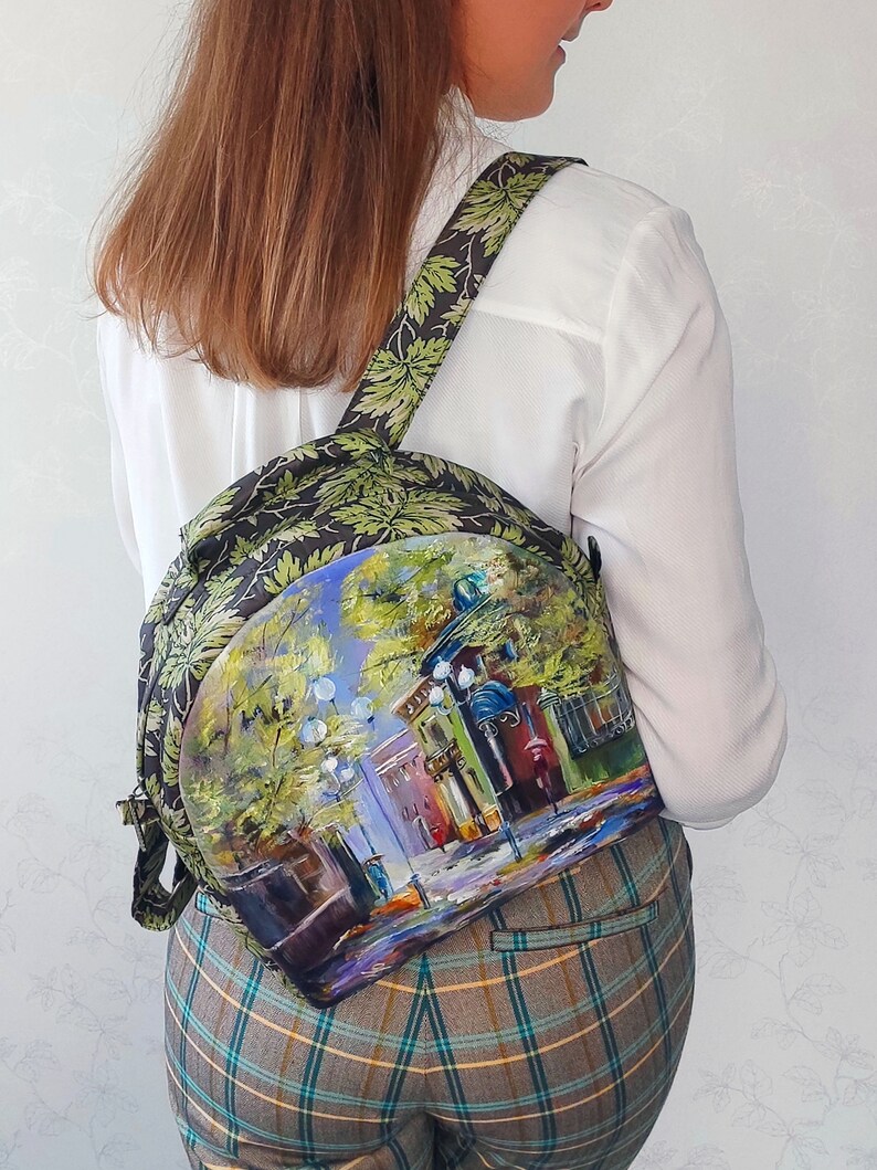 Beautiful hand painted backpack with a poetic autumn landscape, one of a kind custom women's backpack, autumn handmade backpack for women image 8