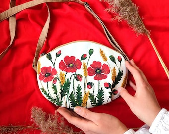 Delicate women's shoulder bag with painted flowers, crossbody purse for women, mothers day gift, personalized hand painted gift for mom