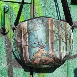 Fairy forest deer hand-painted on a women's shoulder bag, green crossbody purse with custom painted deer in the forest, handmade bags women image 7