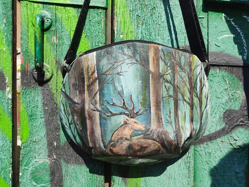 Fairy forest deer hand-painted on a women's shoulder bag, green crossbody purse with custom painted deer in the forest, handmade bags women image 7