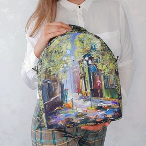 Beautiful hand painted backpack with a poetic autumn landscape, one of a kind custom women's backpack, autumn handmade backpack for women image 2