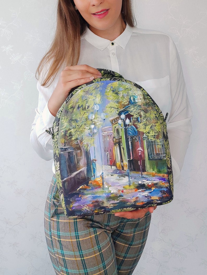 Beautiful hand painted backpack with a poetic autumn landscape, one of a kind custom women's backpack, autumn handmade backpack for women image 2