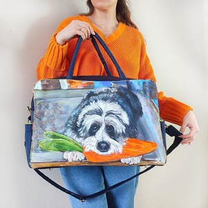 Large travel bag with a custom painted portrait of a pet, custom weekend bag handmade, big bag with cute dog, custom portrait of your dog