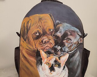 Ritratto di cane e gatto su zaino da donna personalizzato, ritratto di animale domestico tramite foto, zaino da donna fatto a mano e dipinto con colori acrilici, amante dei cani