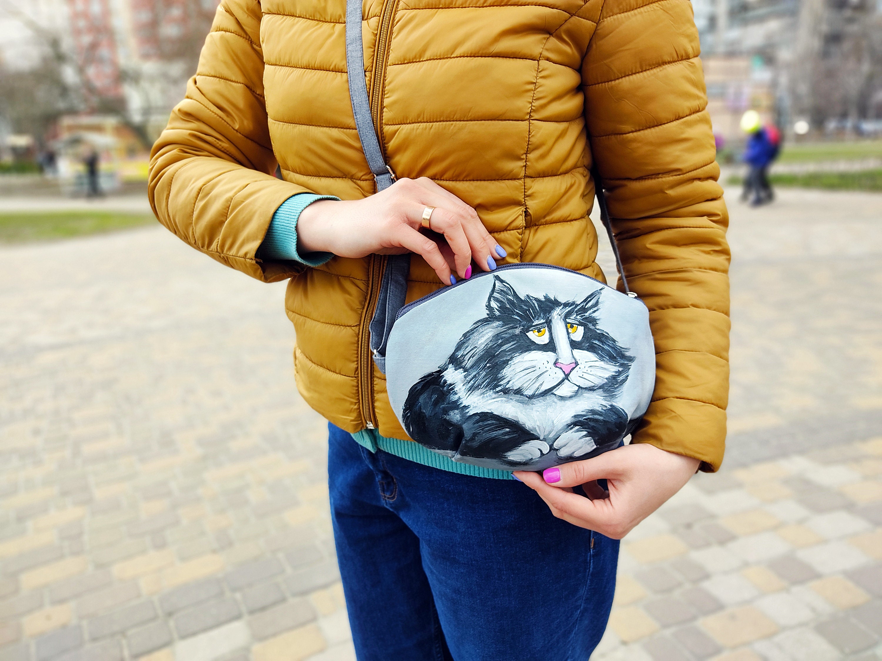 Womens Shoulder Bag With Hand Painted Funny Cat Custom Cat 