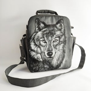 Long distance relationship gift for boyfriend, mens hand painted work bag, shoulder bag for men, laptop bag, father of the bride wolf gift image 10