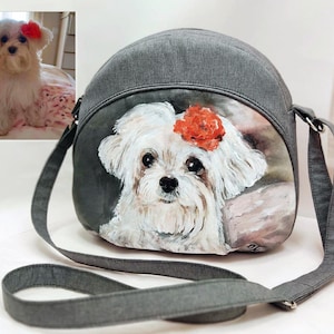 Custom dog portrait painting from photo, grey crossbody bag women, dog mom painted purse, dog lover gift, pet portrait from photo