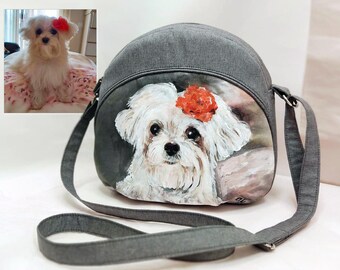 Ritratto di cane personalizzato da foto, borsa a tracolla grigia da donna, borsa dipinta dalla mamma del cane, regalo per gli amanti dei cani, ritratto di animale domestico da foto