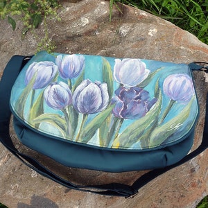 Blue floral crossbody purse for women, women's shoulder flap bag with flowers, hand painted purses and bags, custom flower painting on bags image 9