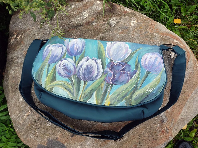 Blue floral crossbody purse for women, women's shoulder flap bag with flowers, hand painted purses and bags, custom flower painting on bags image 9