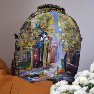 Beautiful hand painted backpack with a poetic autumn landscape, one of a kind custom women's backpack, autumn handmade backpack for women image 7