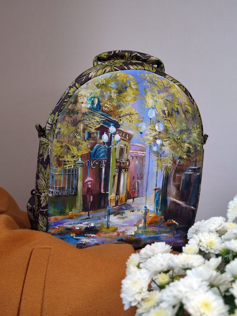 Beautiful hand painted backpack with a poetic autumn landscape, one of a kind custom women's backpack, autumn handmade backpack for women image 7