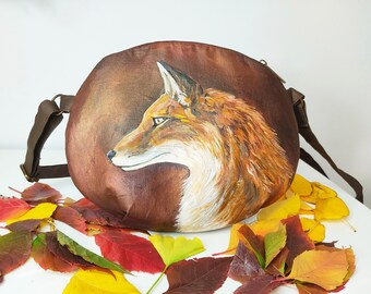 Fox painting on handmade women's shoulder bag, fox purse for women, custom painted crossbody bag, unique cross body bag with realistic fox