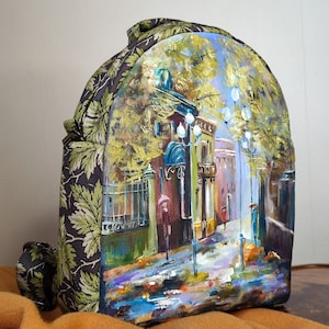 Beautiful hand painted backpack with a poetic autumn landscape, one of a kind custom women&#39;s backpack, autumn handmade backpack for women