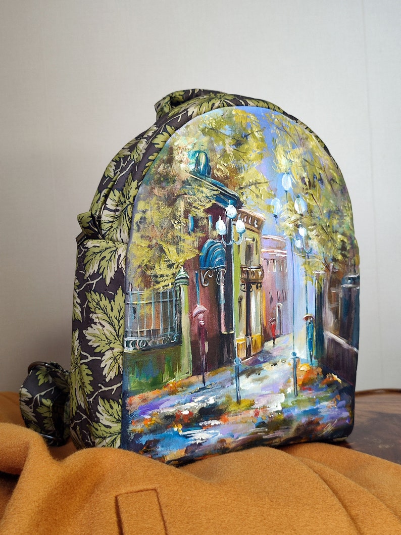 Beautiful hand painted backpack with a poetic autumn landscape, one of a kind custom women's backpack, autumn handmade backpack for women image 1